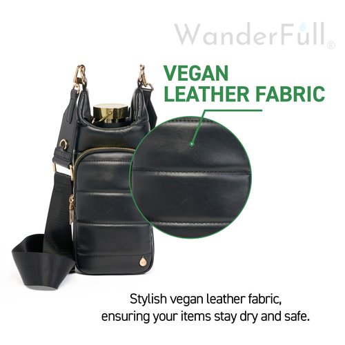 WanderFull® Original HydroBag® Vegan Leather, Fits Up to 32 oz Water Bottle Holder w/ 2 Straps, Hands-Free Crossbody Water Bottle Carrier Bag with Phone Pocket, Tumbler Accessories - Black
