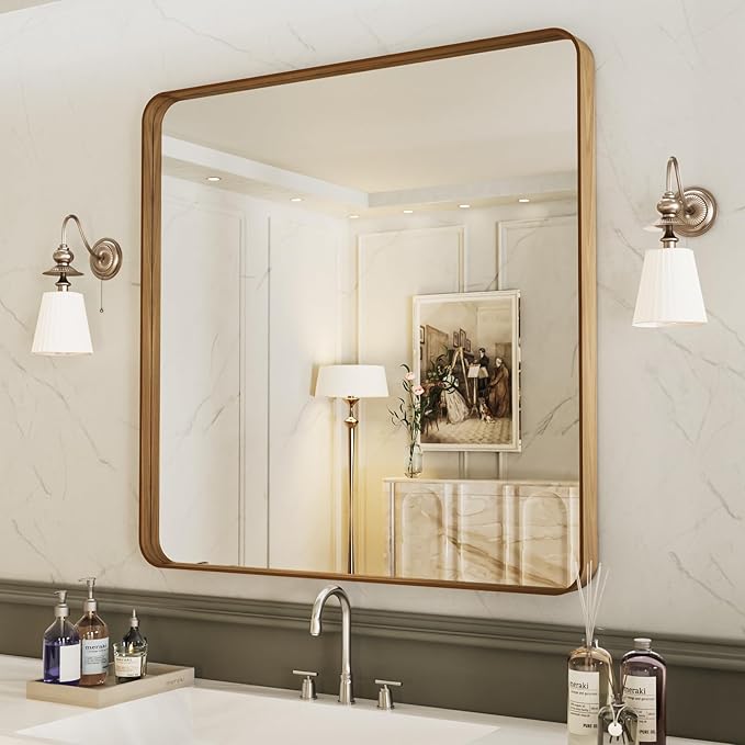 LOAAO 36X36 Inch Bathroom Mirror with Wood Grain Colored Metal Frame, Rounded Rectangle Metal Framed Bathroom Mirror, Anti-Rust, Hangs Horizontally or Vertically, Tempered Glass