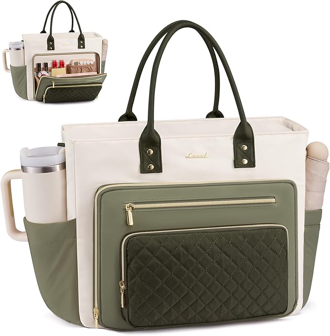 LOVEVOOK Teacher Tote Bag for Women Work, Laptop Bag With Large Cup Holder, Nurse Bags Professional Briefcase Business Computer Purses Handbag Gifts,Light Green-Beige-Olive Green,15.6 Inch