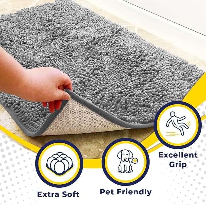 Muddy Mat® | Super Water Absorbent Door Mat Indoor, Microfiber Quick Dry Chenille Entryway Rug, Slip Resistant Front Door Mat, Indoor Mats for Entryway, Machine Washable Pet Rug, Light Grey 36" x 72"