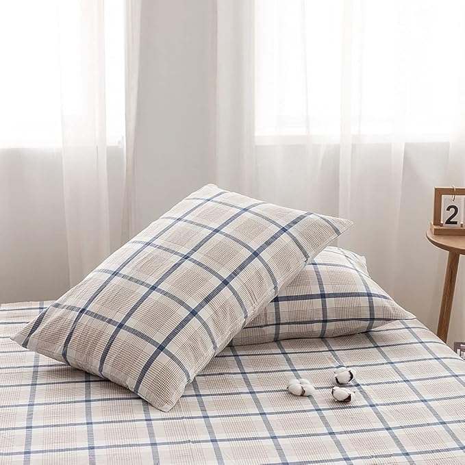 FACE TWO FACE Bedding Duvet Cover Set100% Washed Cotton Duvet Cover Linen Like Textured Breathable Durable Soft Comfy(Full, Blue Grid)