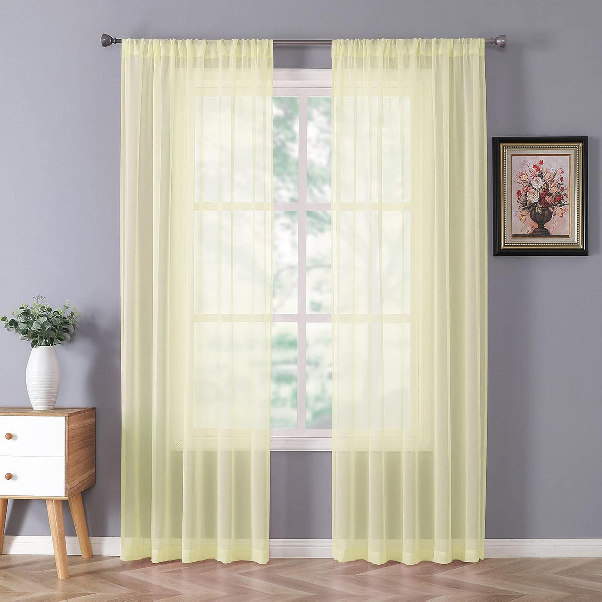 Tollpiz Sheer Curtain Linen Textured Bedroom Curtains Sheer Light Filtering Rod Pocket Voile Curtain for Living Room, 54 x 95 inches Long, Transparent Yellow, Set of 2 Panels
