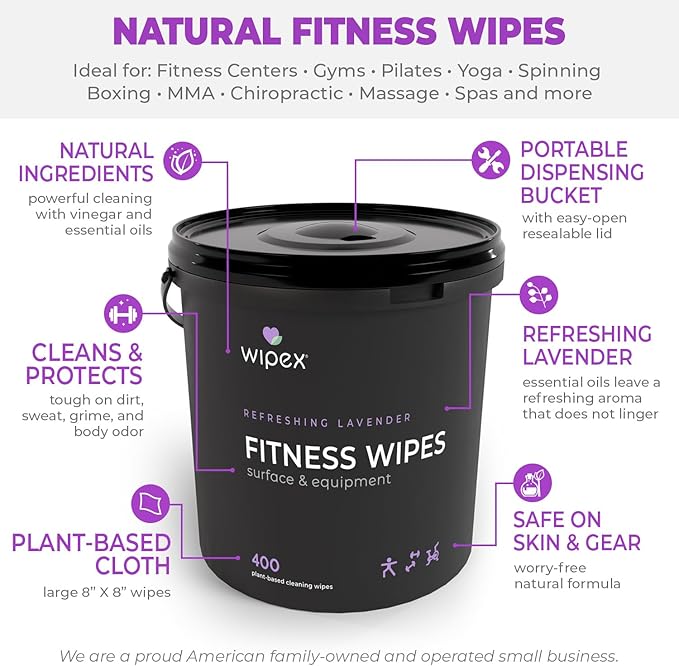 Wipex Fitness Wipes for Equipment Bundle - EWG Verified - Get 2 Buckets (1) Lemongrass & (1) Lavender Plant-Based Gym Equipment Wipes, Clean Surfaces & Mats, Safe Gym & Peloton Bike Cleaner