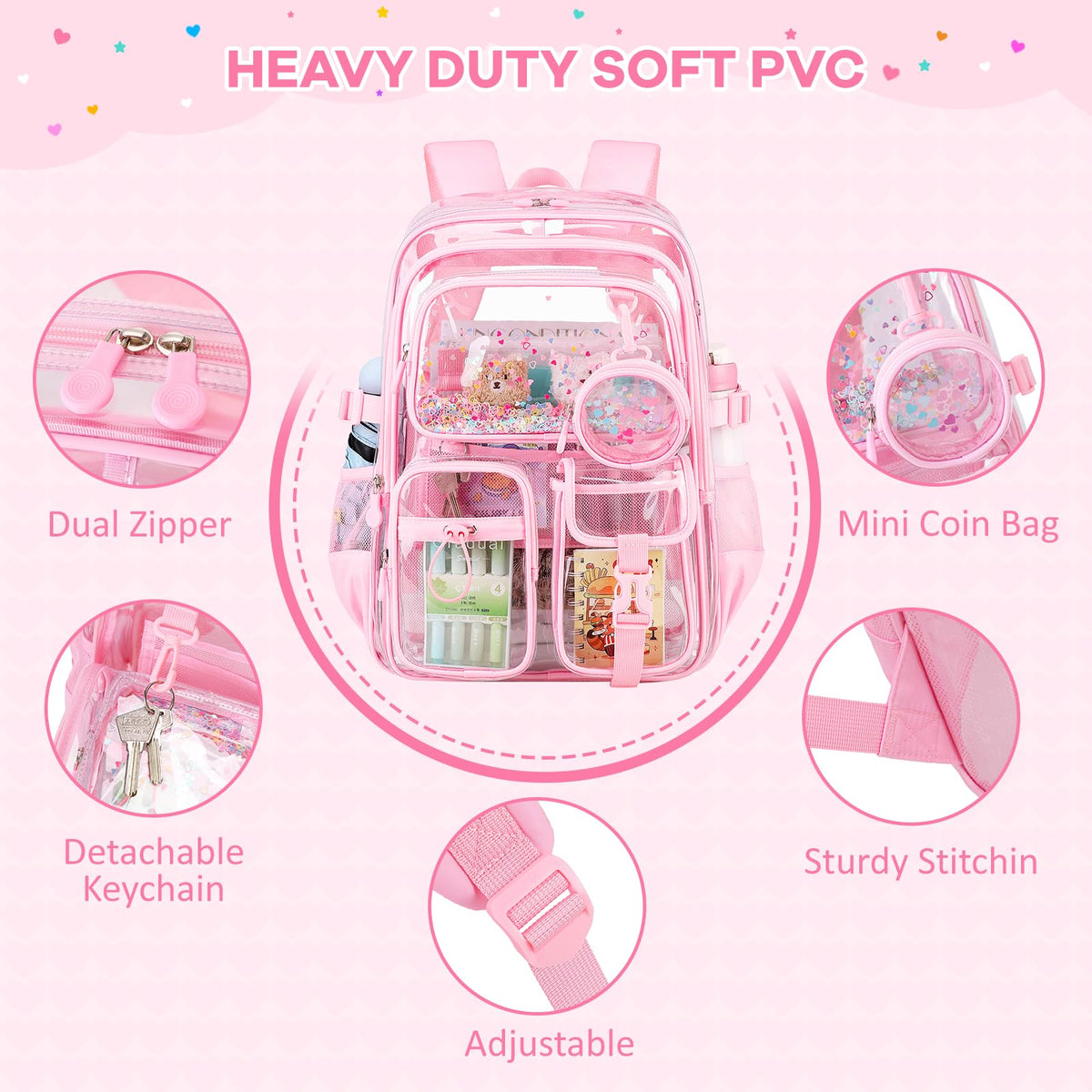 ASKSKY Clear Backpack for Girls School Clear Bookbag Stadium Events Heavy Duty Transparent Back Pack, Pink