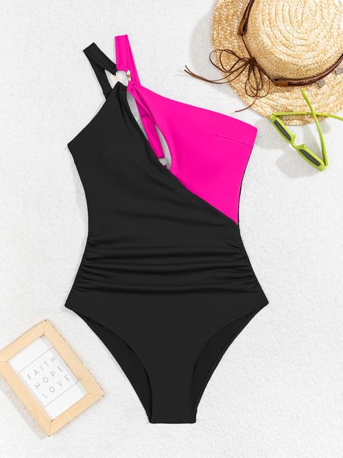 Aidonger One Shoulder One-Piece Swimsuit - Cutout Tummy Control Bathing Suit for Women