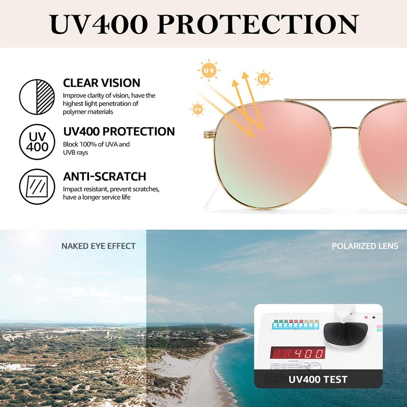 TJUTR Tangle Free Aviator Sunglasses for Women & Men, Polarized UV Protection Trendy Shades, No-Snag Metal Frame Glasses