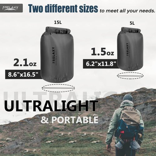 Frelaxy Waterproof Dry Bag Set - Lightweight & Durable 5L, 15L, 25L for Hiking, Camping & Boating | 2 Pack - Gray