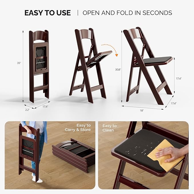 VINGLI Resin Folding Chairs with Cushion, Foldable Plastic Chair with Comfortable Padded Seats, Perfect for Event Party Indoor Outdoor, Reddish Brown, 8 PC
