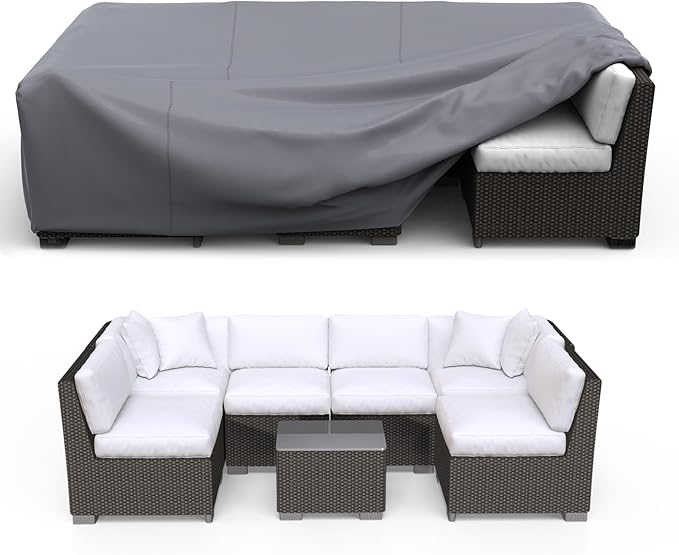 Patio Furniture Set Cover Waterproof, Heavy Duty Furniture Covers for Outdoor Sectional Sofa Set Wicker Rattan Table Chair Rectangular,124"L×71"W×29"H,Grey