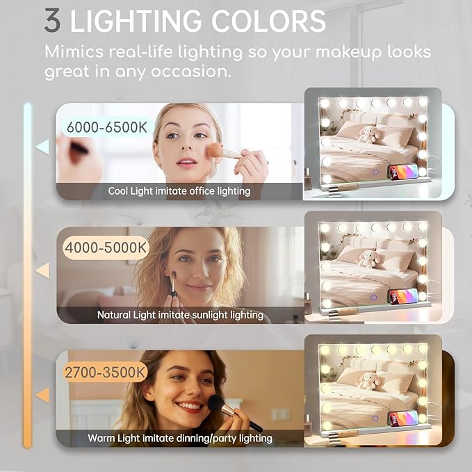 Hollywood Vanity Mirror with Lights, 3 Color Lights, 10x Magnification