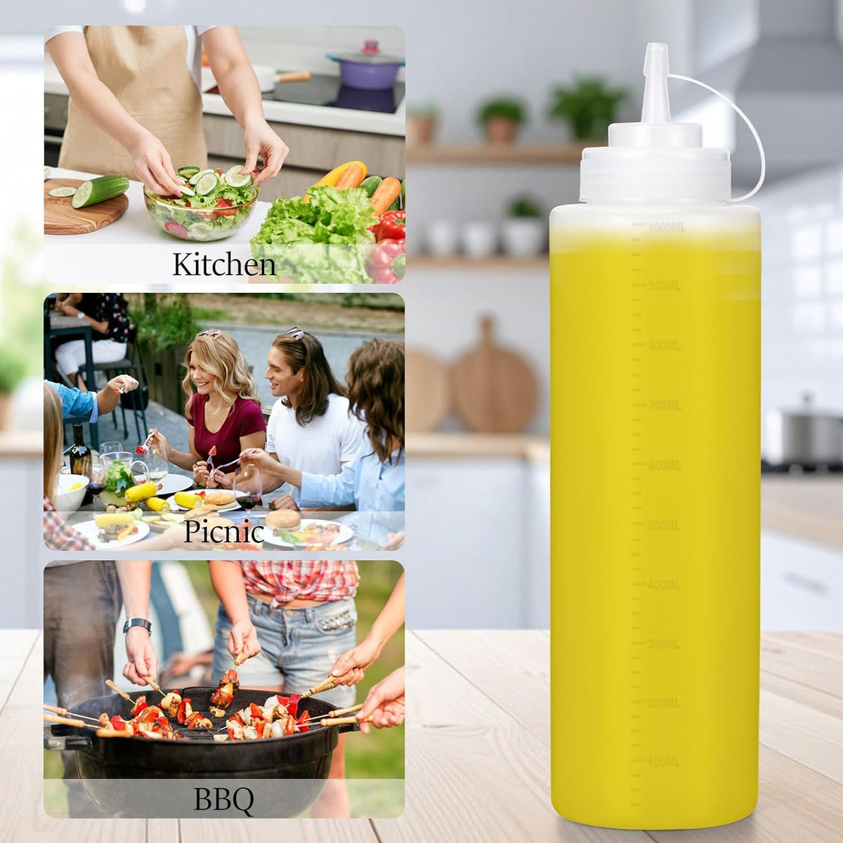 Condiment Squeeze Bottles Ketchup Dispenser, 4 Pack 32oz Squeeze Bottles for Liquids, Plastic Sauce Bottle with Cap Lid, Squirt Bottles for Sauces Liquids BBQ Dressing Pancake Art
