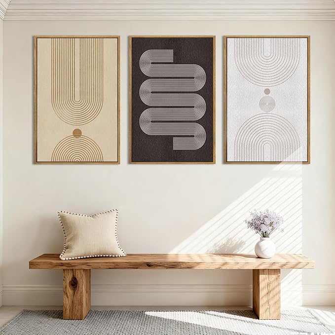 Anyzal Extra Large Modern Neutral Framed Wall Art 24x36 Inch Black Abstract Canvas Wall Decor Beige Boho Geometric Artwork for Living Room Bedroom Dining Room Set of 3