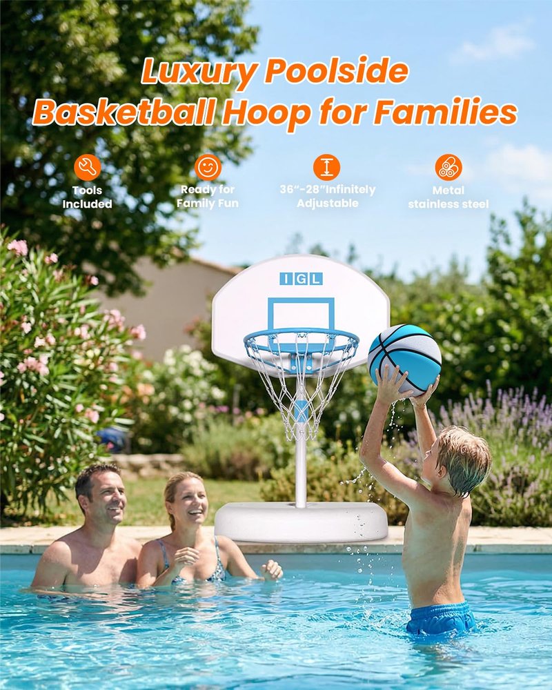 IGL Pool Basketball Hoop, 28in Backboard, Adjustable Height 28-36in, White