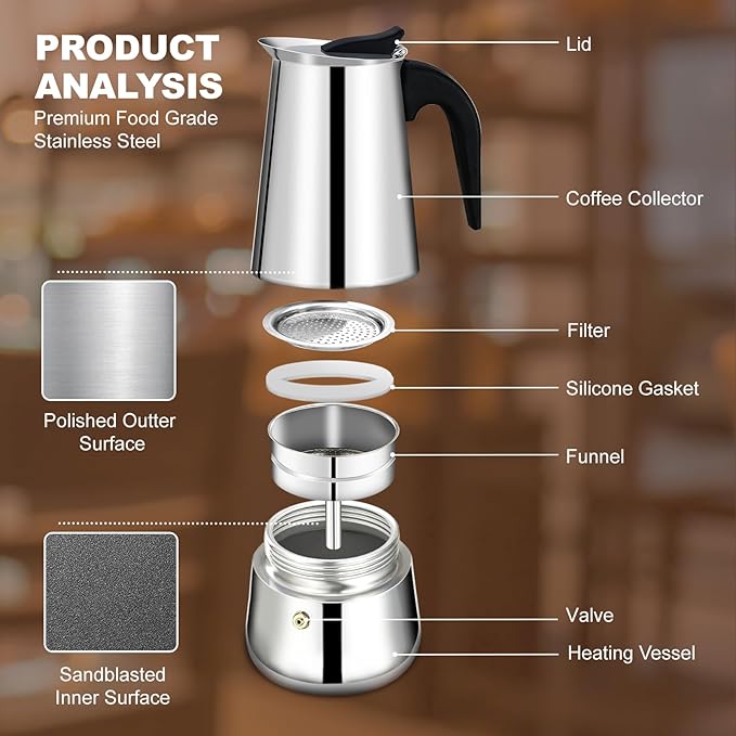 12 Cup Stovetop Espresso Maker Stainless Steel Moka Pot Stove Top Percolator Italian Coffee Makers Capable Mocha Greca Machine Cafe Classic Induction Cookers for Home and Camping 600ml 20oz