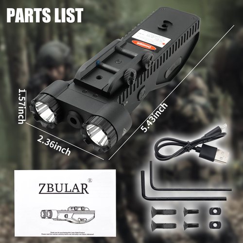 ZBULAR 2200 Lumen Tactical Flashlight with Green Laser Beam Combo, Low Profile Design Rechargeable Weapon Light Picatinny Rail mlock Mounted with Momentary Strobe Function Flashlight