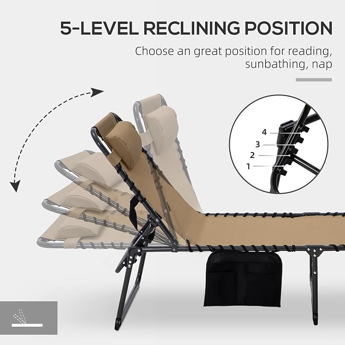 Outsunny 2 Piece Folding Chaise Lounge with 5-Level Reclining Back, Tanning Chair with Face Hole, Outdoor Lounge Chair with Side Pocket & Headrest for Beach, Yard, Patio, Beige