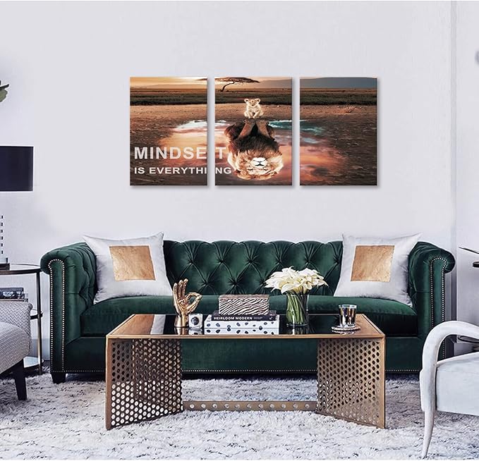 KAWAHONE Motivational Lion King Mindset Wall Art Gold, Success Cat Reflect Lion
