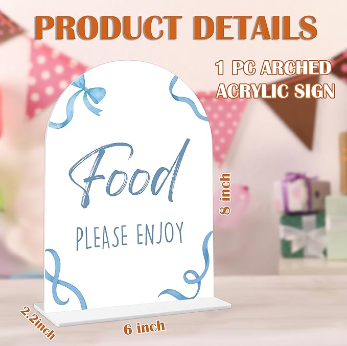 Food Please Enjoy Sign - Blue Bow Baby Shower Sign, 1 Pack Arch Acrylic Sign with Stand, Gender Reveal Party Table Decor, Blue Baby Shower Supplies (SP11)