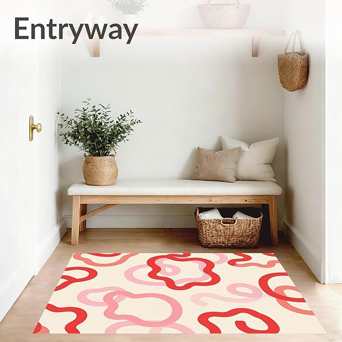 Flatwoven High Traffic Area Rug 6, Abstract Swirl Mosaic Design Bathroom Curtain with Matching Towels, Non Slip, Stain Resistant, Washable Area Rugs for Living Room, Bedroom (Red, 6)