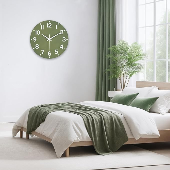 HZDHCLH Wall Clock 8 Inch Silent Non Ticking Wood Battery Operated Green Wooden