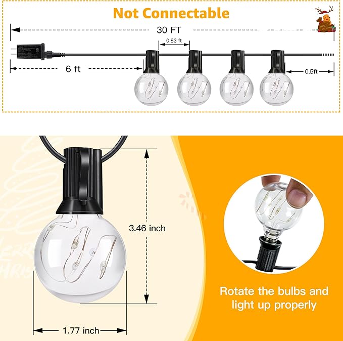 Ollny Outdoor Lights 30FT 30Bulbs, RGBW Color Changing String Light, Plug in Remote Waterproof Shatterproof Timers G40 Patio Lights for Outside Balcony Porch Camping Deck Yard