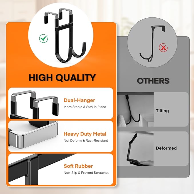FYY Over The Door Hooks - 4 Pack Heavy Duty Dual-Hook Organizer Hanger with Non-Slip Rubber for Towels, Clothes, Hats & Bags Use in Bathroom, Bedroom, Kitchen - Fits Interior Doors Up to 1 3/8" Black