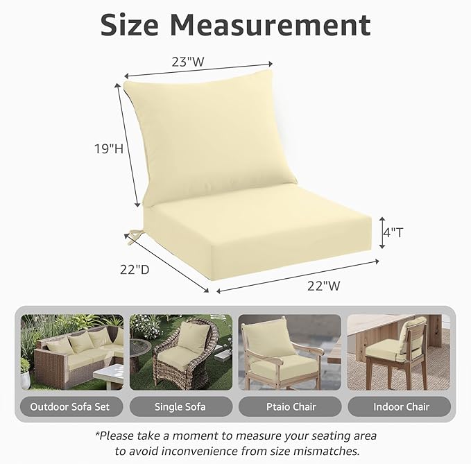 PatioGlow Outdoor Seat Cushion Set 22 x 22 x 4 Inch, Waterproof & Fade Resistant Patio Furniture Cushions with Removable Cover and Ties, Thick Deep Seating Pads for Outside Chair Sofa Couch, Yellow