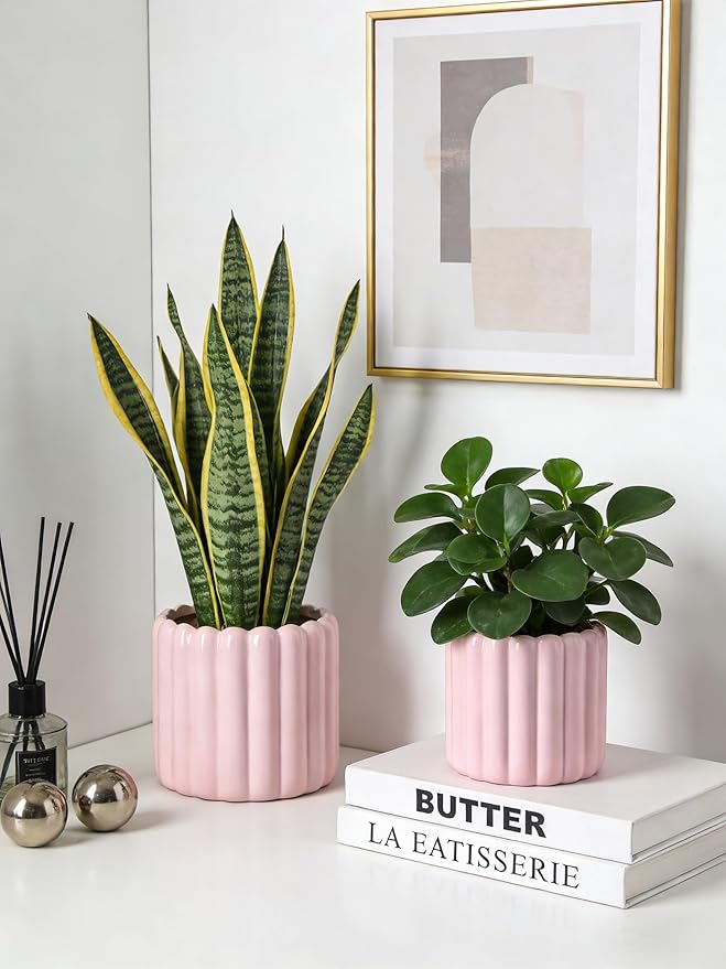Ceramic Plant Pots,6 inch+4.7 Inch Planter Pot with Drainage Holes,Ceramic Planters for Indoor Plants,Modern Flower Pots for Indoor Outdoor Plants House & Office Décor,Pink