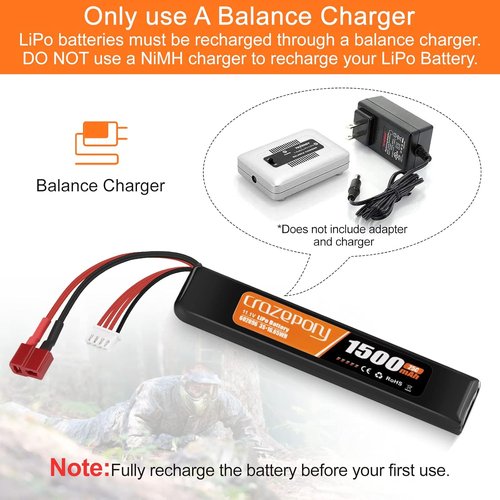 Crazepony 11.1V 1500mAh 3S LiPo Airsoft Battery - Rechargeable with T-Plug & JST XH Connector