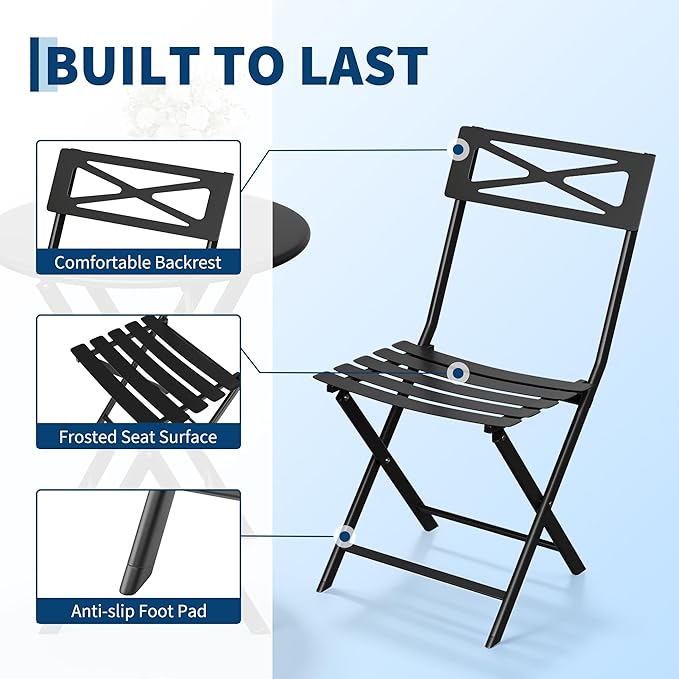 GarveeTech 3-Piece Folding Bistro Set, Heavy Duty Outdoor Patio Furniture with 2 Chairs & 1 Table, Weather-Resistant Steel Frame, No Assembly Required for Garden, Yard, Balcony,Black