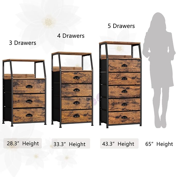 Furnulem Nightstand with 3 Drawers and 2-Tier Shelf, Fabric Small Dresser Organizer Vertical Storage Tower for Bedroom, Closet, Hallway, Nursery, End Table Side Furniture, Sturdy Steel Frame, Wood Top