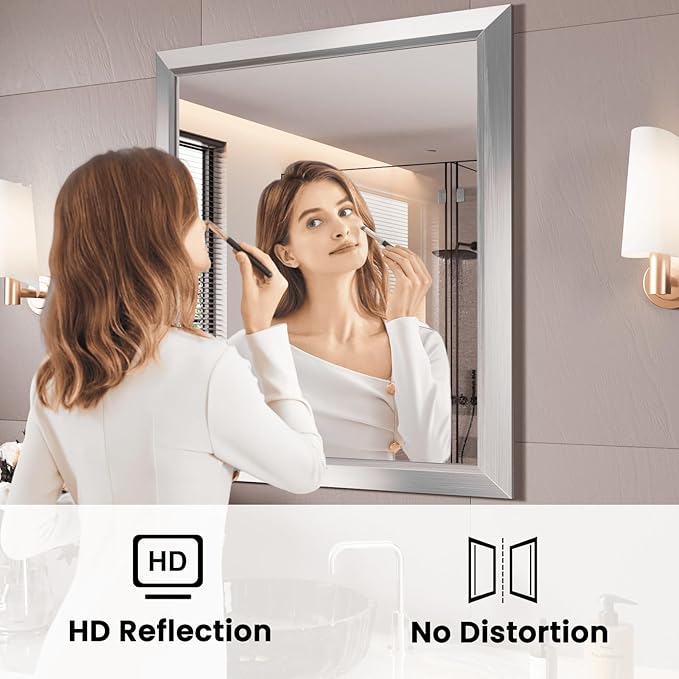 Amorho Bathroom Mirror, 28x32 Inch Silver Thick Metal Framed Wall Mirrors