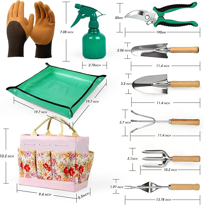 Garden Tool Set, 10 PCS Gardening Essentials, Stainless Steel Garden Hand Tools with Tote Bag, Well-Designed Gardening Supplies Kit Gifts for Women Men Gardeners