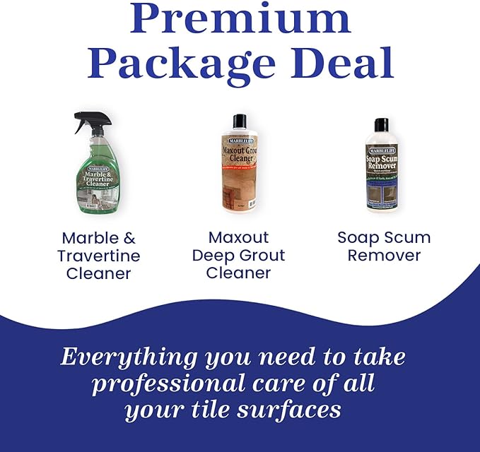 Marblelife Bathroom Combo Kit, With Marble & Travertine Cleaner, MaxOut Deep Grout Cleaner for Tile Floors, Soap Scum Remover For Shower & Other Surfaces, Includes A Cleaning Cloth