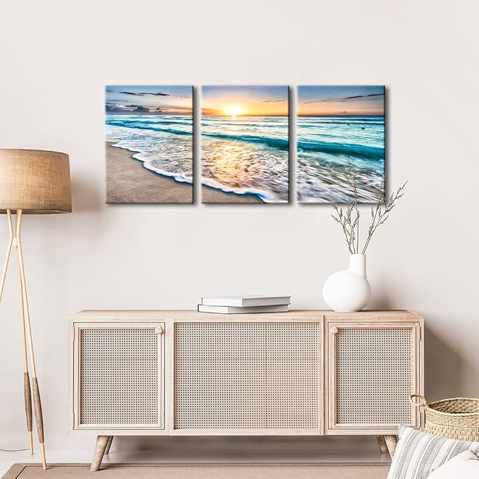 Wieco Art 3 Panel Blue Beach Canvas Wall Art