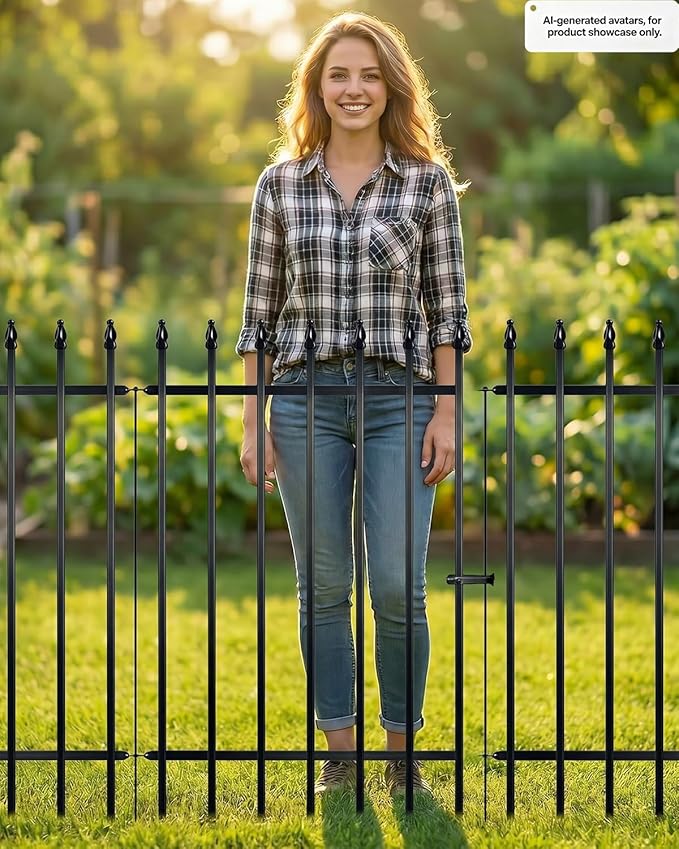 Metal Garden Fence Panels, Decorative No Dig Iron Fence for Flower Beds, Yard Border and Landscaping, Black Outdoor Fence for Plants, Pets and Small Animals, 5 Pack (42" high x 30" Wide)