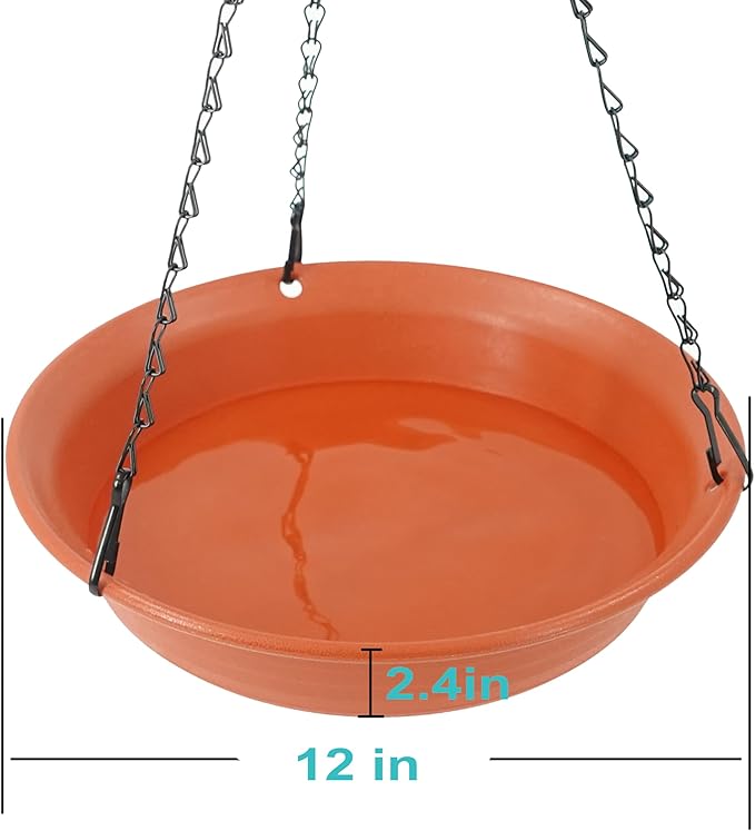VUWEZ Hanging Bird Bath, Hanging Bird Water Feeder for Outdoors, Feeder Bowl, 1 Pack Birdbath Tray Accessories for Outside, Plastic Birdbaths Tray for Garden Patio Decoration (12", Terra Cotta)