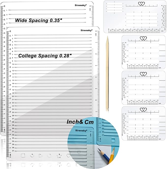 Straight Line Stencil Templates and Envelope Addressing Guide Set of 6, Line Drawing Stencil Lettering Guide, College Ruled 9/32" and 0.35" Spacing (Inch and cm)