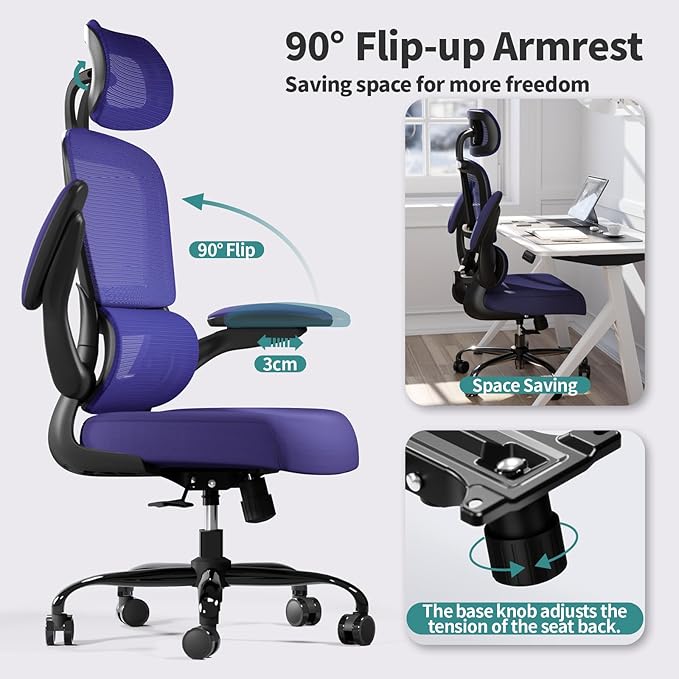 TRALT Office Chair Ergonomic Desk Chair, 330 LBS Home Mesh Office Desk Chairs with Wheels, Comfortable Gaming Chair, High Back Office Chair for Long Hours (Violet)