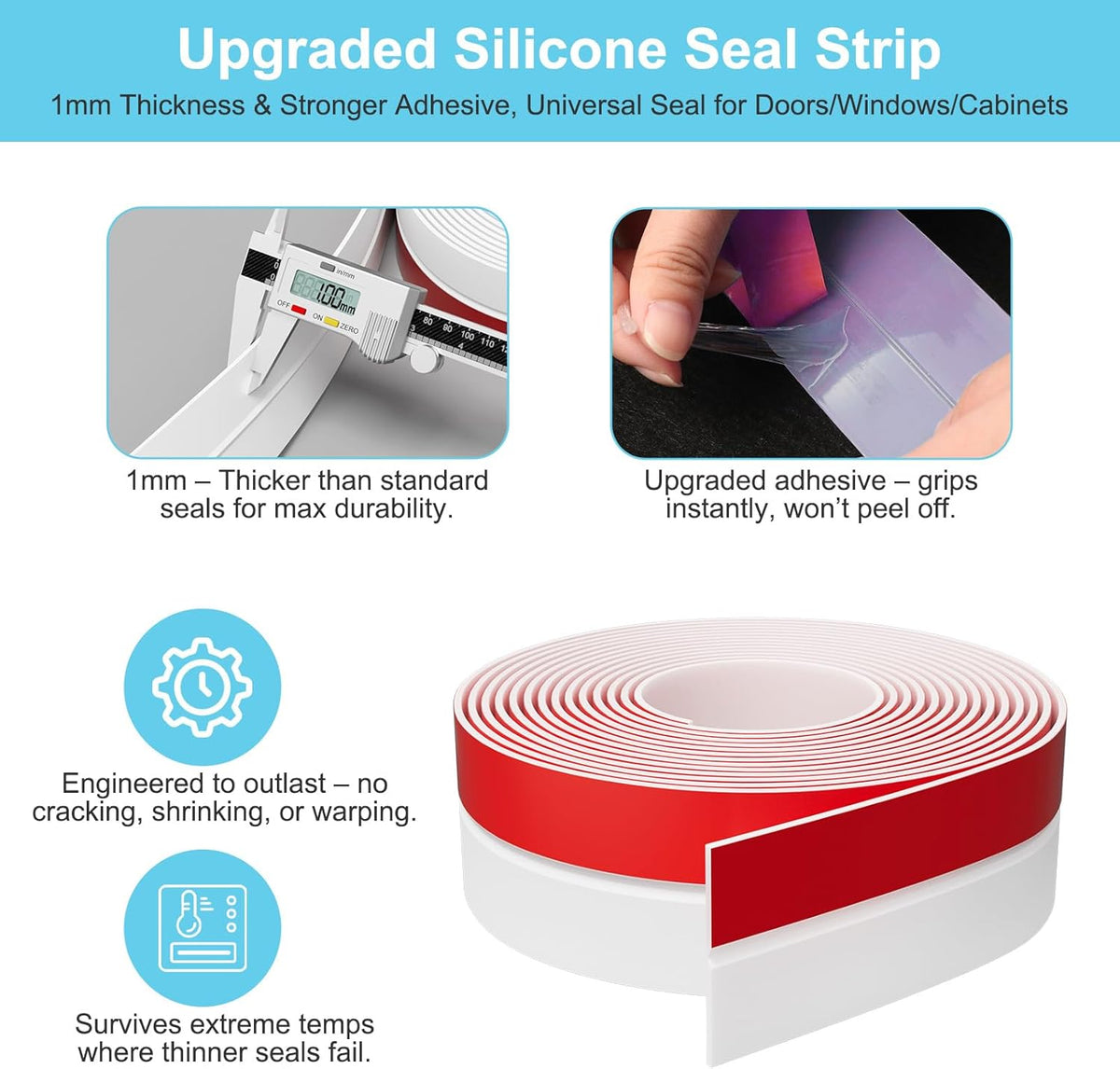 Heavy-Duty 20 ft x 2 in Weather Stripping, Door Draft Stopper Silicone Seal Strip for House and Glass Shower Doors for Collision and Side Gaps of Door and Windows, White