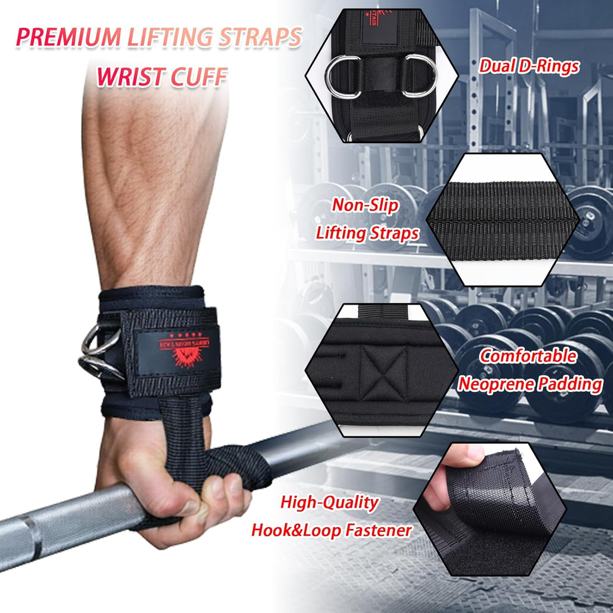 Skiennix Non-Slip Lifting Straps - Durable Wrist Cuffs with Double D-Ring for Weightlifting & Deadlifts