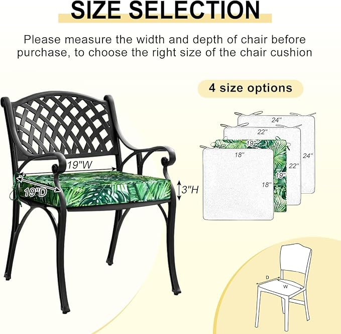 downluxe Outdoor Chair Cushions Set of 4, Waterproof 19" x 19" x 3" Patio Chair Cushion with Non-Slip Ties & Handle, Square Outdoor Cushion for Patio Furniture with Removable Cover, Palm Leaves