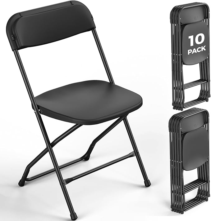 10 Pack Black Plastic Folding Chairs, Outdoor Portable Folding Chair with Steel Frame, 350lbs Capacity Stackable Foldable Chairs for Patio, Garden, Picnic, Kitchen, Events