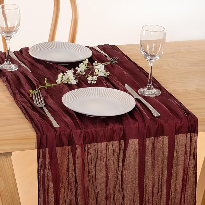 MLMC 3 Pack Burgundy Red Table Runner 10ft Rustic Gauze Wine Red Cheese Cloth Table Runner Cheesecloth Centerpiece for Wedding Bridal Shower Anniversary Events Christmas Valentine's Day Decor