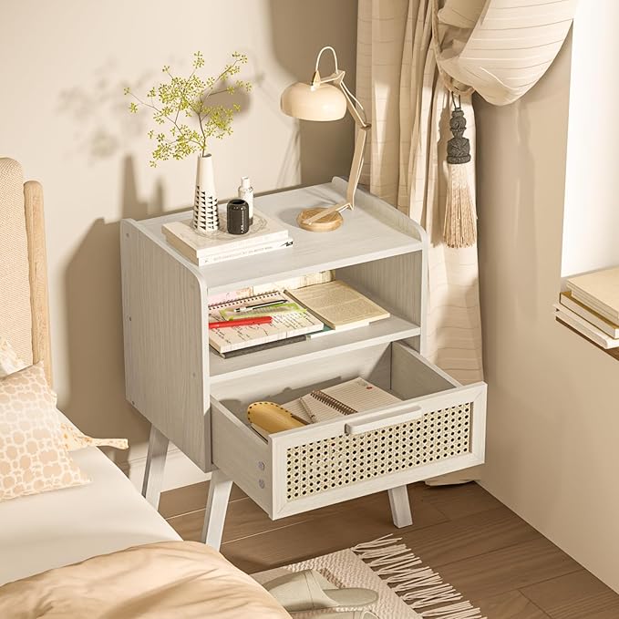 Lerliuo Rattan Nightstands Set of 2, Side Table with Drawer Open Shelf, Cane Accent Bedside End Table, Mid Century Modern Night Stand for Bedroom, Dorm and Small Spaces (Grey White)