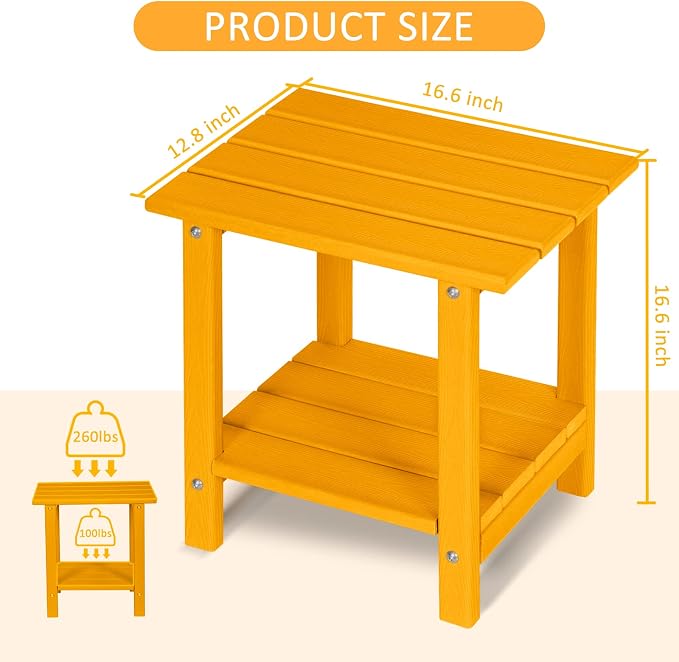 2 Tier Outdoor Side Table with Wood-Like Grain, 16.6" HDPE Adirondack Table Patio Side Table, Weather Resistant End Table for Pool, Patio & Porch, Small Outdoor Table(Tangerine, Rectangle)