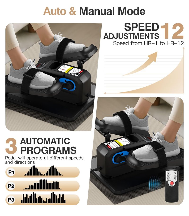 Under Desk Elliptical Machine,Ellipse Leg Exerciser Electric with Remoter,12 Manual Adjustable Speed and 3 Automatic Speed,Portable Seated Pedal Exerciser for Seniors,Adults,Home,Office, Black