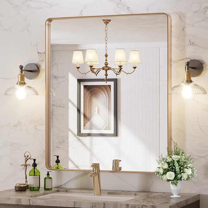 LOAAO 30”X36” Gold Bathroom Mirror, Rounded Rectangle Gold Frame Mirror