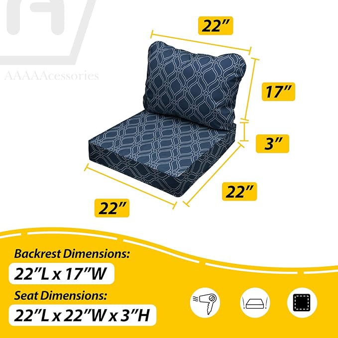 AAAAAcessories Outdoor Seat Cushions for Chairs, Fade-Resistant, Waterproof Patio Furniture Replacement Cushions, 22" x 22" x 3" + 22" x 17", Slate Blue Vine Trellis