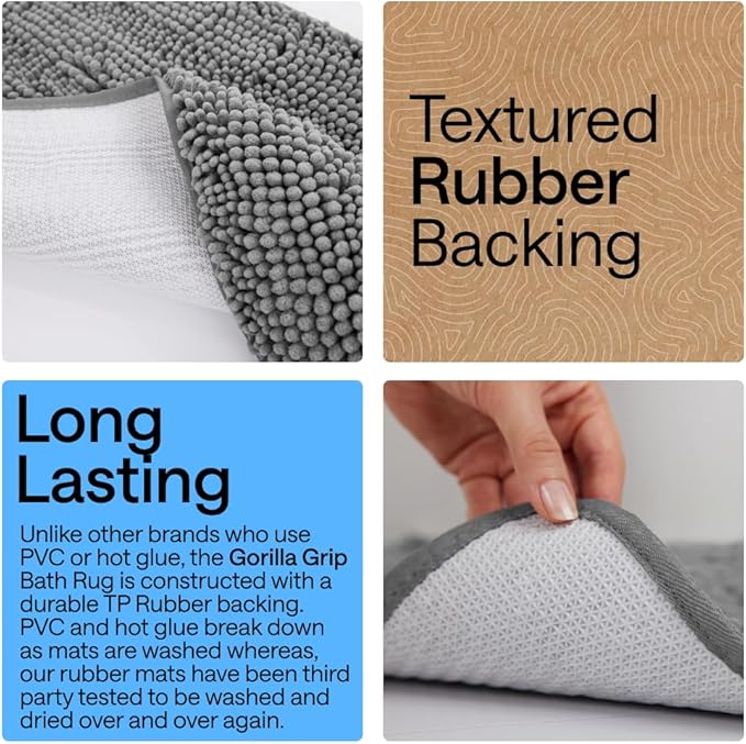 GORILLA GRIP Bath Rug Mat 36x24, Thick Soft Absorbent Chenille, Quick Dry Microfiber Mats, Rubber Backing Washable Shower Floor Rugs, Bathmat Runner, US Designed Bathroom Home Decor Accessories Grey